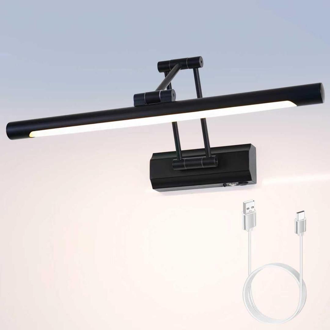 17"Battery Operated Picture Light, 5200mAh Rechargeable Wall Light for Paintings, 3-Color & Dimmable LED Art Light with 270° Rotate Arm, Cordless Frame Lighting for Gallery, Living Room, Black