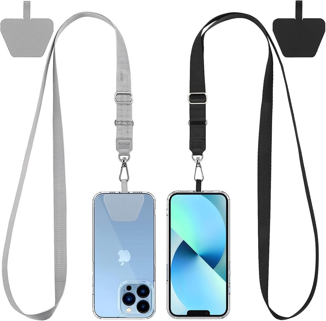 CACOE Phone Lanyard 2 Pcs Lengthened Adjustable Neck Strap,2 Pcs Patches,Universal Crossbody Multifuctional Cell Phone Lanyards Compatible with Most Smartphones(Black+Gray-2)