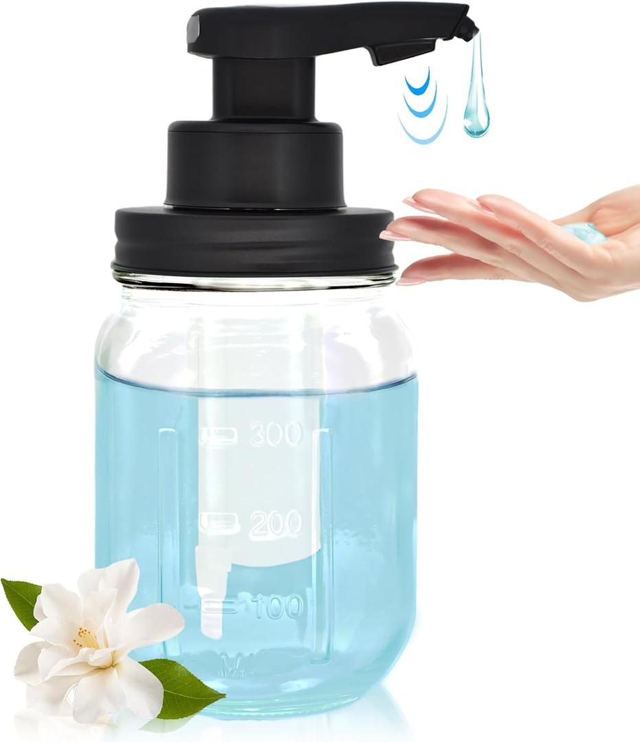 12 oz Automatic Touchless Glass Soap Dispenser, Rechargeable Hands Free Liquid Mason Jar Soap Dispenser with Electric Sensor Pump, Refillable Lotion Bottle for Bathroom Kitchen Dishwashing Countertop (Auto Liquid)