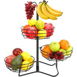 3 Tier Fruit Basket Bowl with 2 Banana Hooks, Solid Metal Standing Vegetable Storage for Kitchen Counter, Large Capacity Organizer for Bread Snack Produce (Black)