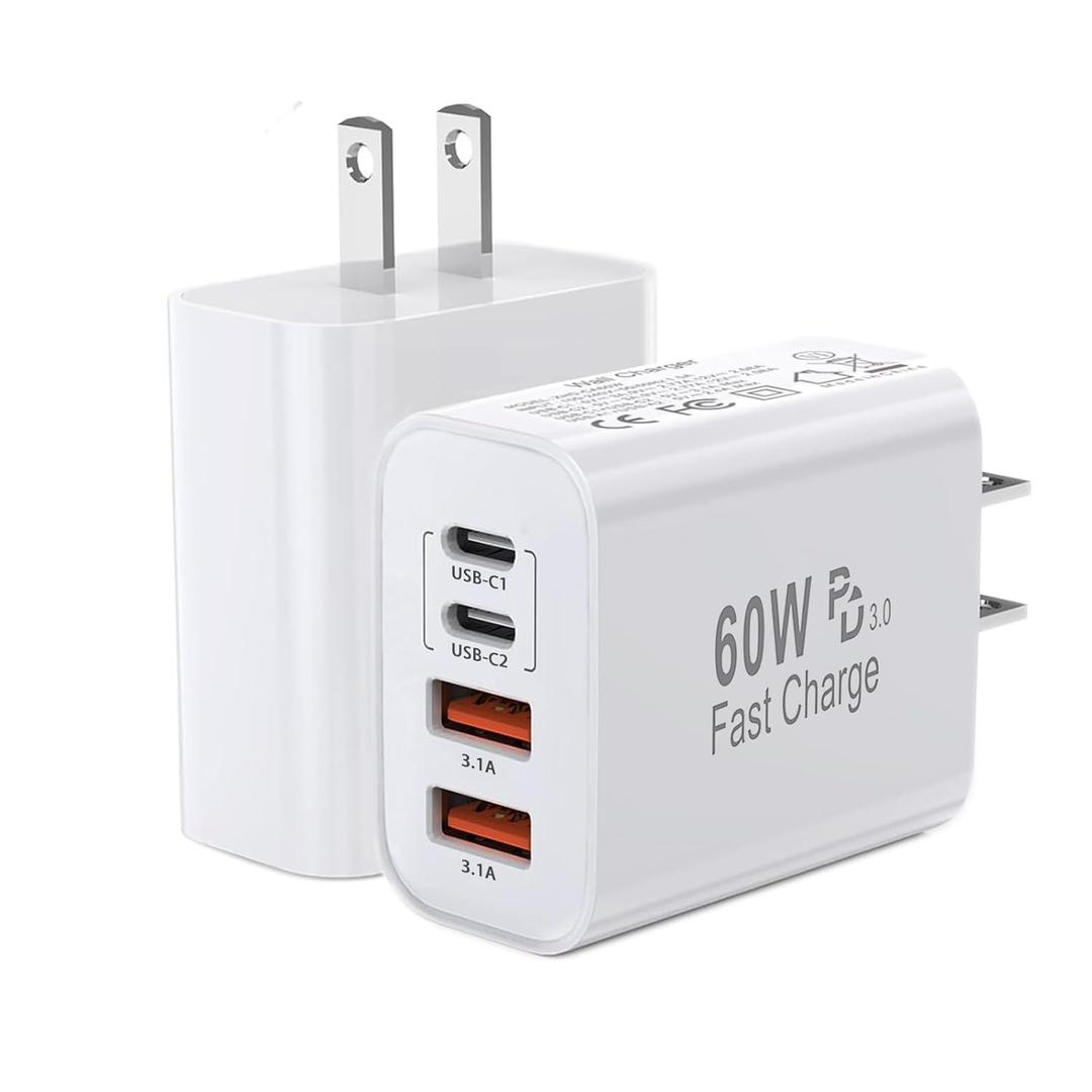 60W USB C Charger Block,2Pack 4-Port GaN USB C Charger Fast Charging Wall Plug Dual Type C+Dual USB-A Port Multiport Power Adapter Cube for iPhone 17 Pro Max/16e/15/14/13/12/11,iPad Pro/Air/Mini (White)