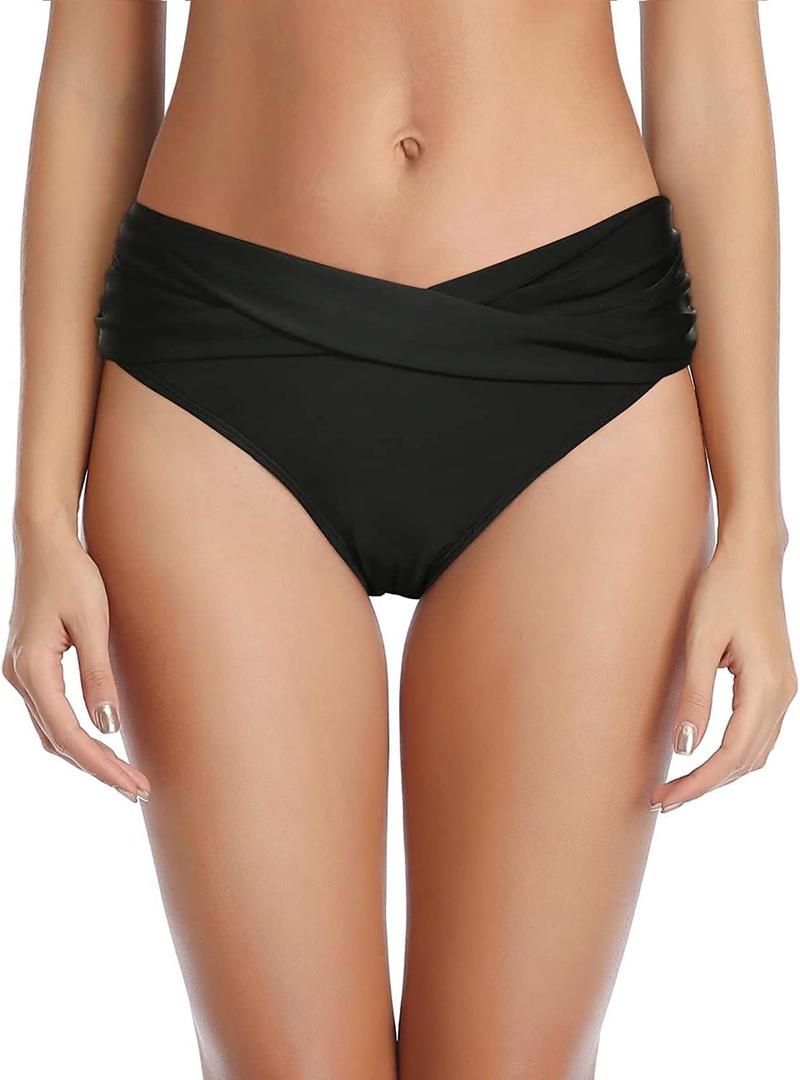 Tempt Me Women Twist Bikini Bottom Moderate High Cut Bathing Suit Bottoms Ruched Swimsuit Bottom (X-Small, Black)