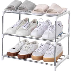 Stackable Small Shoe Rack, Entryway, Hallway and Closet Space Saving Storage and Organization (3-Tier, White)
