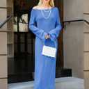 Wenrine Womens Fall Off The Shoulder Bodycon Sweater Dress 2025 Formal Long Sleeve Elegant Cocktail Party Maxi Dresses (Blue)