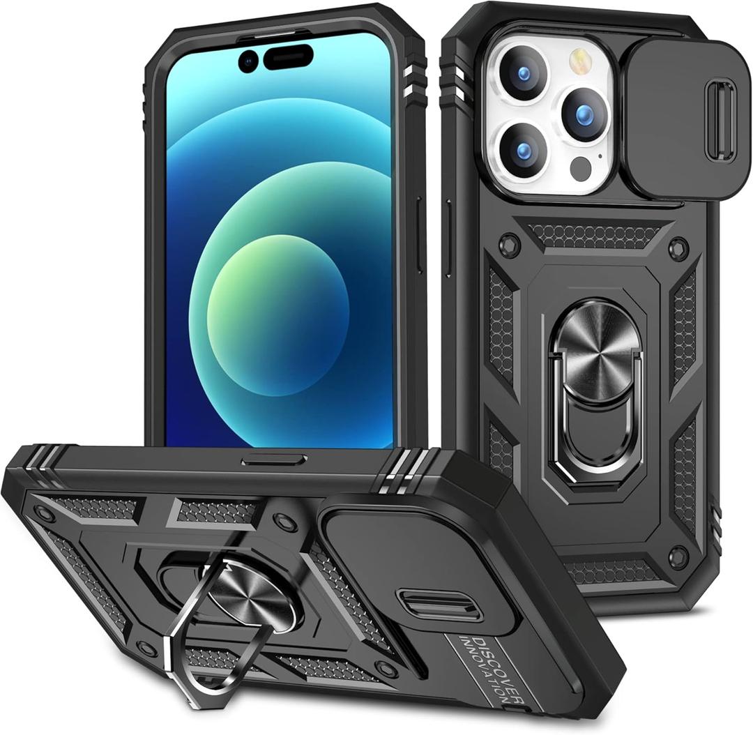 for Apple iPhone 15 Pro Case Military Grade Drop Shock Protection Cell Phone Cover with Slide Camera Cover Built-in 360 Rotate Ring Stand for iPhone 15 Pro 6.1 - Black