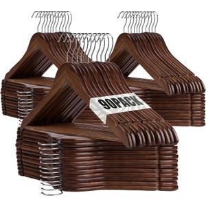 Wooden Hangers 90 Pack,Wooden Clothes Hanger for Daily Used,Heavy Duty Wood Hangers with Pant Bar & Precisely Cut Notches,Premium Hanger for Heavy Coats,Shirts,Suits,Dresses (Walnut)