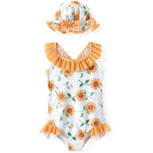 PATPAT Bathing Suits for Baby Ruffles Swimsuit Newborn Summer Clothes Sunflowers One Piece Swimwear with Headband, Ginger-2, 9-12 Months
