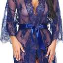 Avidlove Women's Lace Kimono Robe Babydoll Lingerie Mesh Nightgown  (Blue, XL)