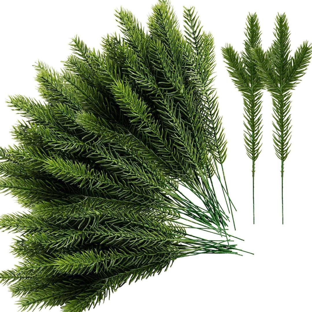 Alpurple 45 Packs Artificial Pine Needles Branches Garland- 10.2 x 2.5 Inch Green Plants Pine Needles- Fake Greenery Pine Picks for Christmas Garland Wreath Home Garden Decoration