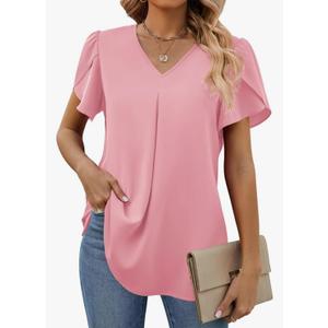 Funlingo Women's Summer Tops Short Sleeve Dressy Chiffon Blouses V Neck Work Tunic Tops Casual Loose T-Shirts S