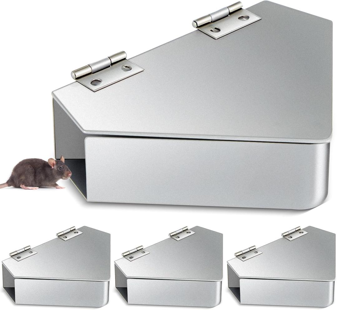 Qualirey 4 Pcs Mouse Station Carbon Steel Mice Bait Station Waterproof Mice Stations Outdoor Metal, Keeps Children and Pets Safe Indoor & Outdoor, Bait Not Included, Silver