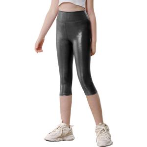 Girls Capri Leggings Stretchy Cropped Tights Metallic Dance Yoga Pants for Kids Teens Running Party (12-13 Years, Shiny Black)