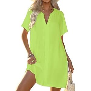 Halife Bathing Suit Cover Up for Women V Neck Summer Bikini Swimsuit Coverup Short Sleeve Beach Coverup Dress Vacation Outfits Neon Green, Medium