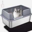 Large Stainless Steel Cat Litter Box with lid Cover Mats Scooper Small High Sided Enclosed Metal Kitty Litter Box for Kittens or Senior Cats with Grey Enclosure