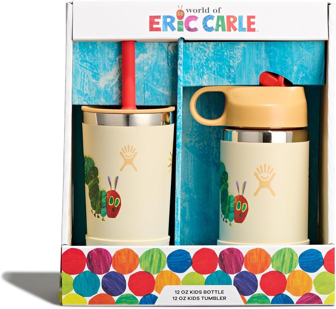 Hydro Flask Kids Water Bottle and Tumbler Bundle Set for School - Stainless Steel and Insulated with Straw Cap - 12 Oz World of Eric Carle Caterpillar