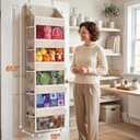 Ofiray-home Hanging Yarn Storage Organizer with 5 Drawers, Over the Door Large Capacity Knitting Organizer Storage&10 Mesh Side Pockets, Hanging Yarn Holder for Knitting Needles, Crochet Hooks- Beige