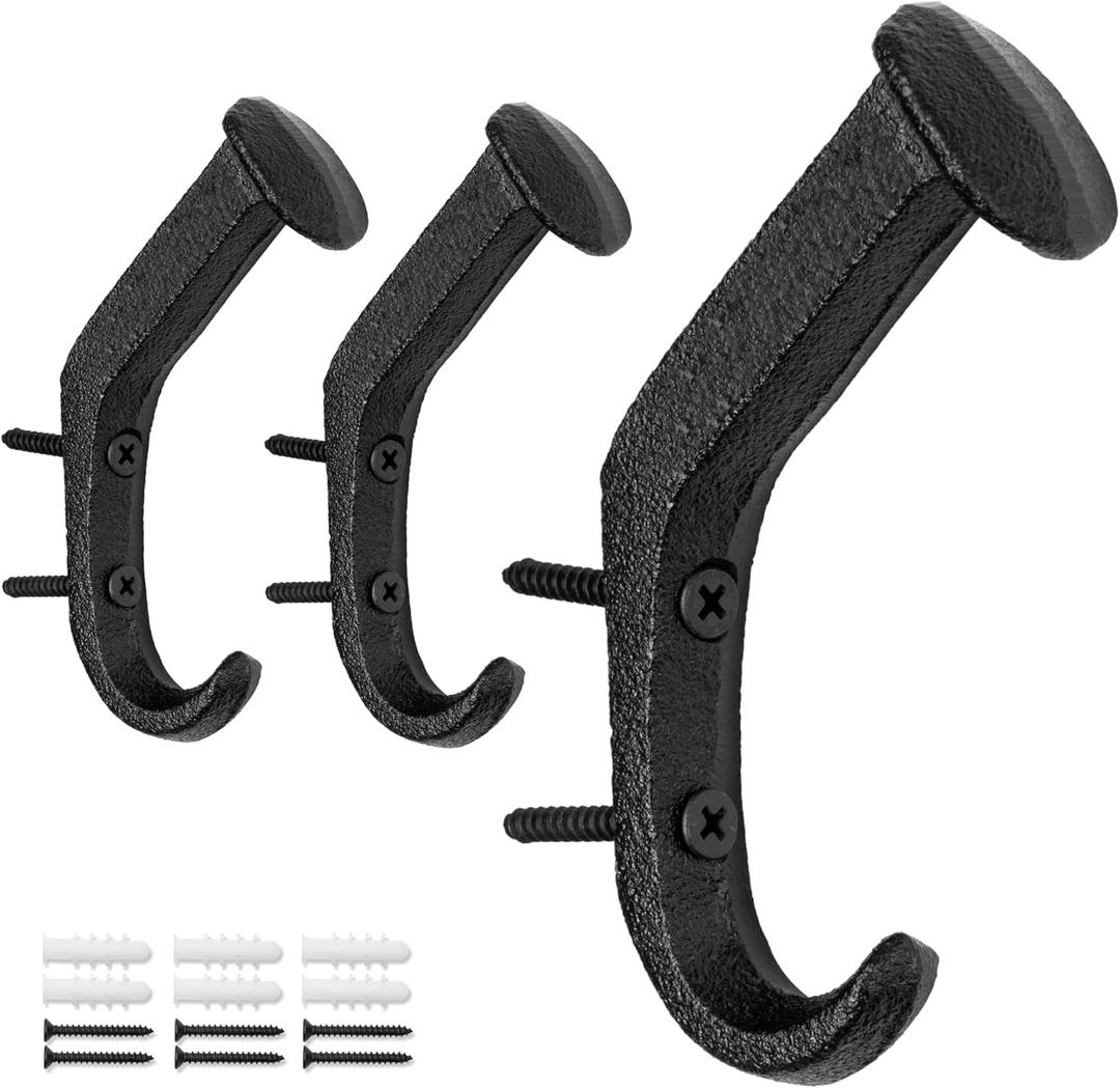 SATOCASA Set of 3 Iron Horse Wall Hooks - Rustic Cast Iron Coat and Hat Hangers - Heavy Duty Iron Hook for Hanging - Decorative Wall Hooks for Coat, Keys, Bag, Hat, and Hanger - Black