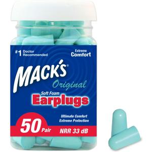 Mack's Original Soft Foam Earplugs, 50 Pair - 33dB Highest NRR, Comfortable Ear Plugs for Sleeping, Snoring, Work, Travel & Loud Events | Made in USA