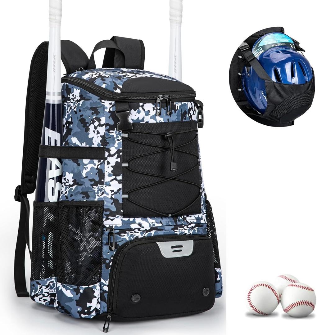 Baseball Bag for Youth and Adult, Softball Backpack 40L Large Capacity, Bat Backpack with Shoes Compartment and Hidden Helmet Holder (Blue Camo)