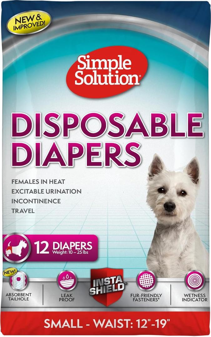 Simple Solution Disposable Female Dog Diapers, Absorbent Leak Proof Protection for Incontinence, Puppy Training, Heat Cycle, Travel, and Housebreaking, Small Dogs, 15–19 Inch Waist, 12 Count