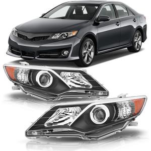 Headlight Assembly Compatible with 2012 2013 2014 Toyota Camry L/Se/Le/Xle Halogen Headlamp Pair, Black Housing Amber Reflector