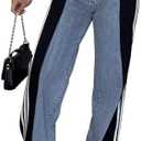 Angsuttc Womens Jeans with Patchwork Stripes High Waisted Stretchy Denim Color Block Straight Wide Leg Trendy Jean, Size M