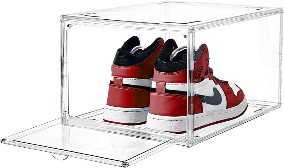 Ultra All Clear Shoe Boxes Plastic Stackable Professional Grade Shoe Display Case with Magnetic Front Drop Door Open Easy Assembly Modern Shoe Sneaker Display Case Fits US Size 14