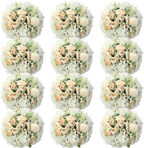 Tigeen 12 Bundles Peonies Artificial Flowers Faux Roses Silk Flowers Hydrangea Artificial Bouquet for Wedding Table Centerpiece Floral Vase Home Office Bridal Decor (White)