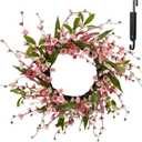 Solar Spring Wreath for Front Door Pre-lit 24inch 50LED Wreaths Spring Decorations for Home Outside Aftificial Pink Flower Wreaths Summer Decor Wreath for Wall Festival Decor