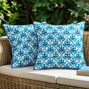 MIULEE Pack of 2 Decorative Outdoor Waterproof Throw Pillow Covers Flower Print Chic Boho Accent Pillow Covers for Square Garden Patio Cushion 20x20 Inch, Navy Blue