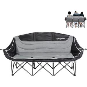KingCamp 3 Person Camping Chair, Oversized 1100lbs Heavy Duty Loveseat for Adults Portable Folding XL 2 Person Couch Padded Comfortable Three Seat with Cup Holder for Outdoor Lawn Backyard, Black/Grey
