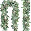Ouddy Decor 2 Pack Eucalyptus Garland Total 13.1 Ft Lush Silver Dollar Leaves Boxwood with White Buds Artificial Faux Greenery Vines for Baby Shower Wedding Party Table Runner Room Home Mantle Decor