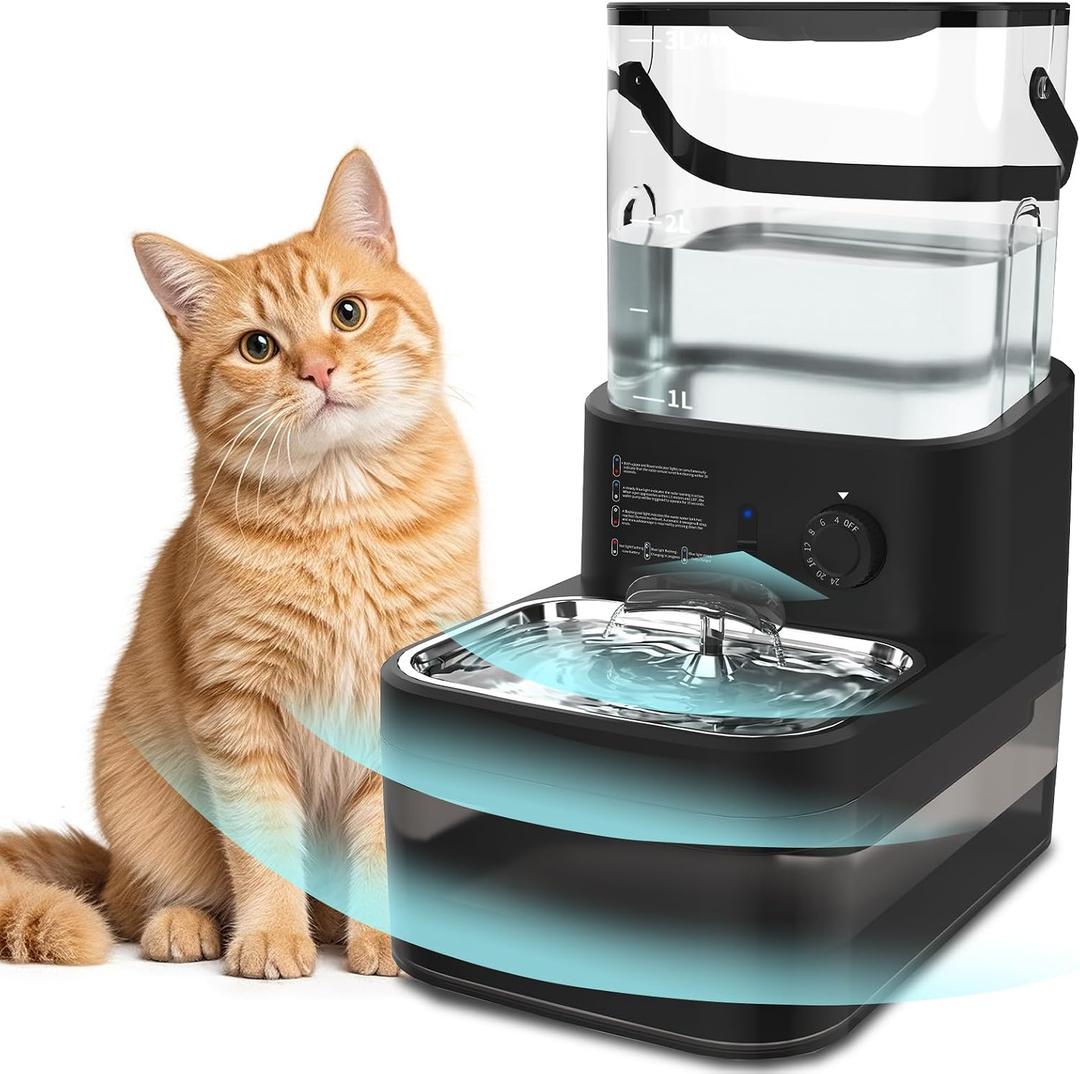 Filterless Cat Water Fountain 3L, Wireless Motion Sensor Cat Water Fountain with 4000mAh Battery, Stainless Steel Cat Bowls, Water Fountain Separate Tanks, Quiet Black