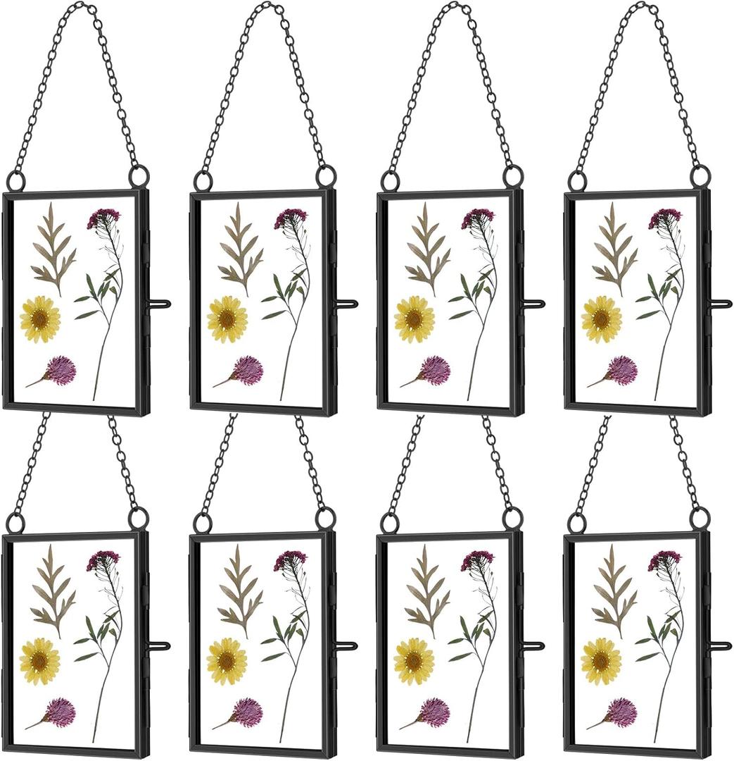 Landhoow 8 Pcs Double Glass Frame for Pressed Dried Flowers 3.5 x 2.5 Inch, Hanging Floating Picture Frames Metal Plant Specimen Vertical Photo Artwork Display Decor(Black)