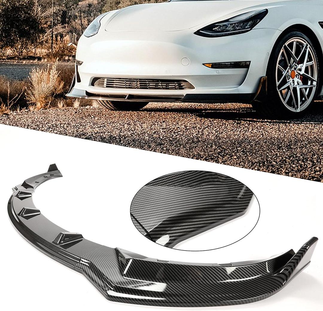 Kojem Front Bumper Lip Kit Compatible with 2017-2023 Tesla Model 3 Sedan Body Spoiler Splitter Kit Carbon Fiber Printing 3PCS