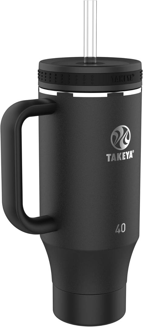 Takeya 40 oz Stainless Steel Tumbler with Lid and Two Straws, Premium Quality, Double Wall Insulated, With Handle, Keep Drinks Cold for Up to 24 Hours, Onyx