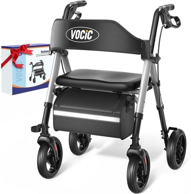 VOCIC Z21 Rollator Walkers for Seniors, Supports 350 lbs, 8" All-Terrain Wheels, Ergonomic Seat & Dual Height Adjustment Lightweight Walker for Seniors 2026, Sleek Silver