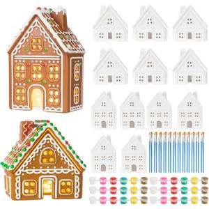 Geelin 12 Sets DIY Ceramic Christmas Gingerbread House Sets Unpainted Gingerbread Houses with Paints Brushes Coloring Xmas Craft Kit for Kids Adult Christmas Party Game Decor, Without Light String