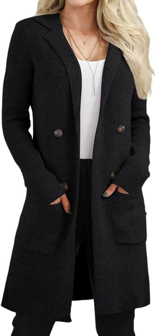 CiCiBird Women's Fall Long Cardigan Sweater Open Front Knit Coats Dressy Casual Jacket Coatigan with Pockets (Large, Black)