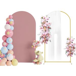 Putros 7.2ft Metal Arch Stand with Cover Light Dusty Rose Spandex Fitted Wedding Arch Cover and Round Top Chiara Backdrop Stand Set for Birthday Party Baby Shower Decoration
