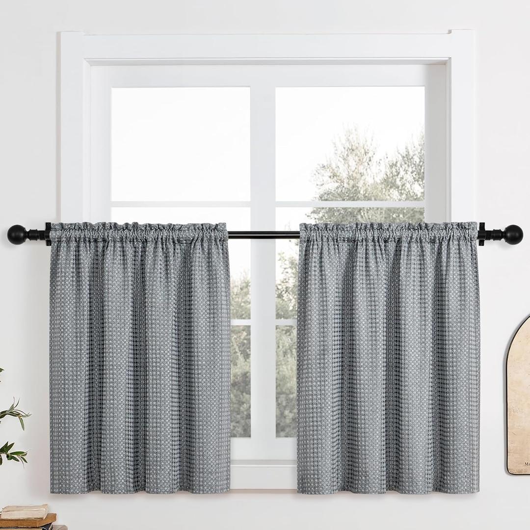 Home Queen Water Resistant Bathroom Window Curtains, Waffle Textured Half Tier Curtains for Kitchen, 28 W X 36 L Inches, Charcoal