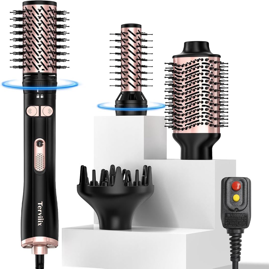 Terviiix 4-in-1 Hot Air Rotating Blow Dryer Brush Kit 1000W with Rotatable Round Brushes (2 Sizes), Oval Volumizer, and Diffuser Ideal for Curly Hair, with Arthritis-Friendly Big Buttons, Black