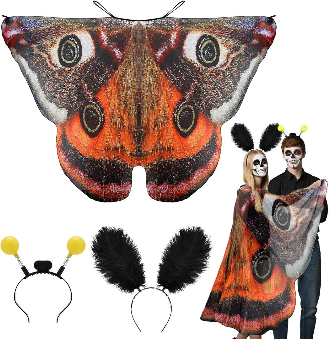 Halloween Couples Costumes for Adults - Oversized Moth Wing Cape with Antenna for Women, Light Up Bulb Headband for Men (Orange)