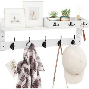 Homode Coat Rack Wall Mount with Hooks and Mail Holder, Entryway Floating Shelf with Key Hooks, Hanging Coat Hanger for Entry, Bathroom, Hallway, Bedroom, White