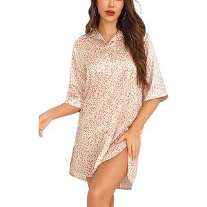 Anjue Satin Nightgown For Women 3/4 Sleeve Silk Nightshirt Button Down Pajamas Dress Boyfriend Sleepshirt Size S