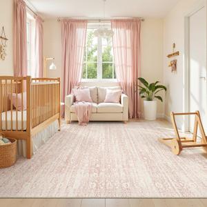 Soalmost Pink 8x10 Area Rugs for Baby Girl Nursery, Washable Rugs Vintage Floral Non-Slip Low Pile Soft Throw Carpet for Living Room Dining Room Bedroom Kids Playroom (Pink, 8'x10')