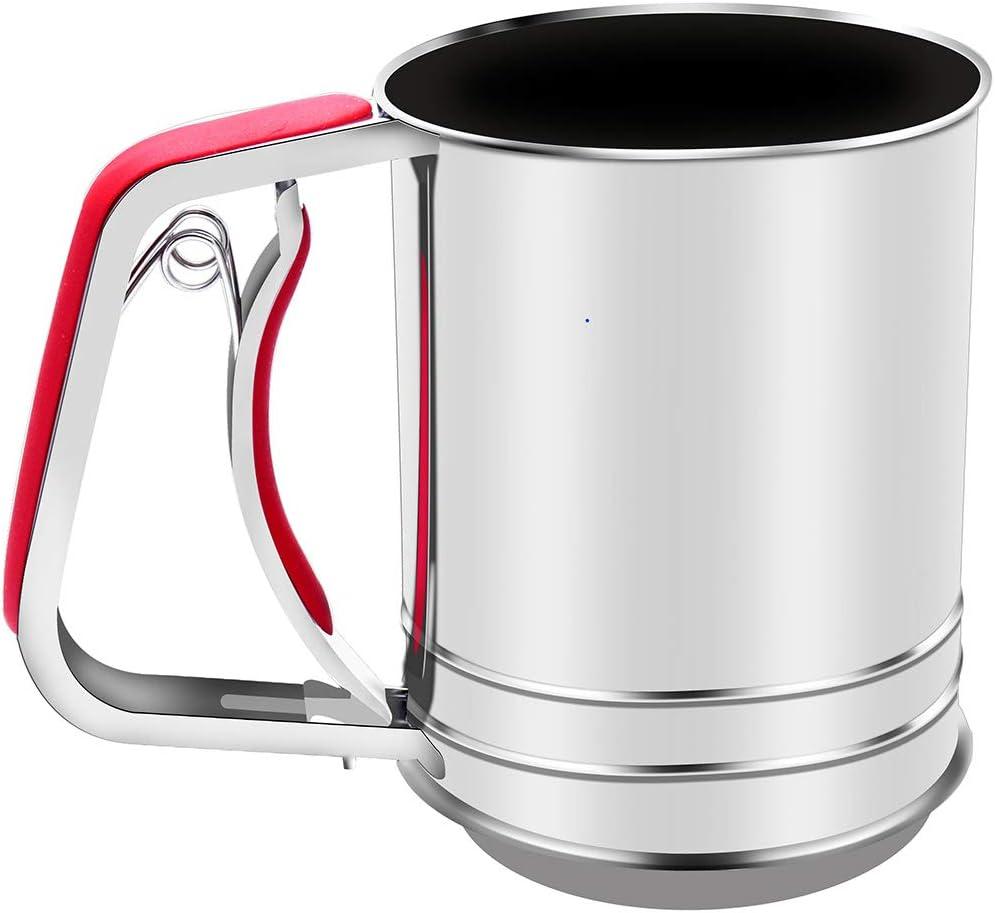 3-Cup Stainless Steel Flour Sifter,Squeeze Sifter for Baking with Compatable Silicone Handle (Red)