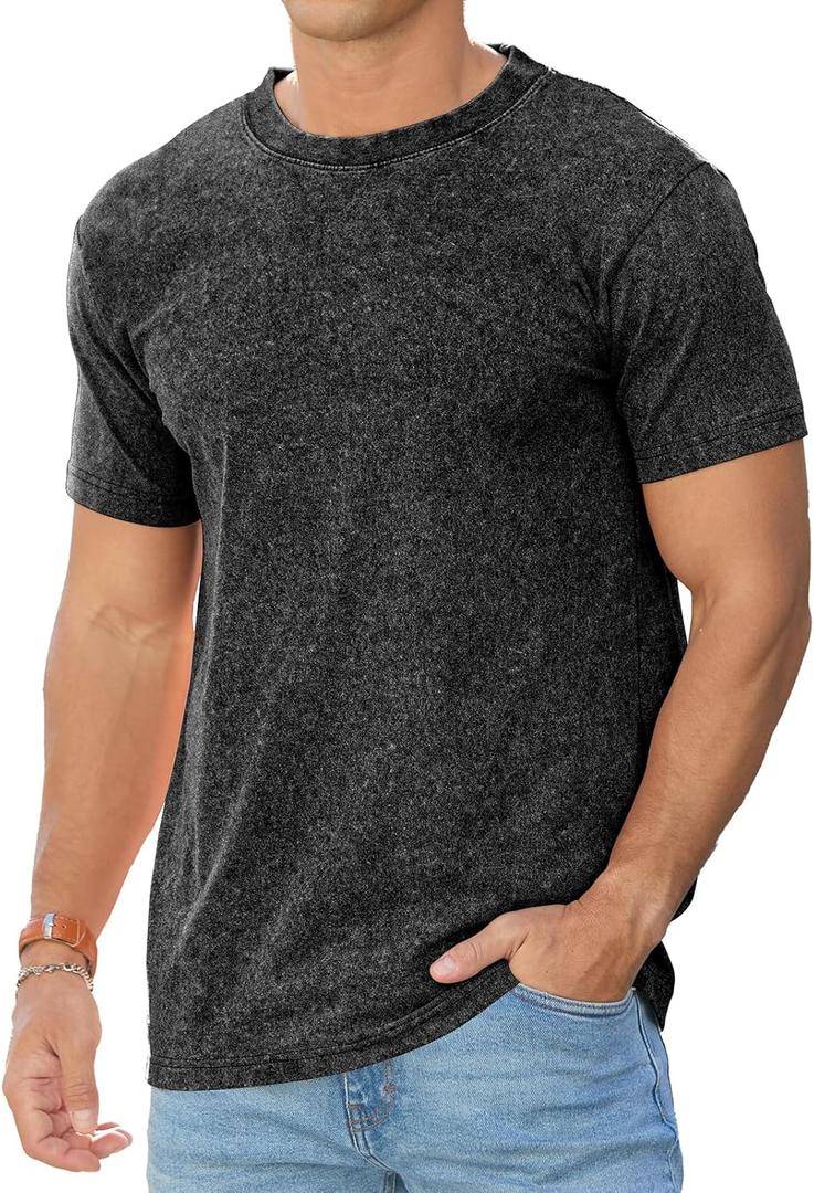 RQP Men's Cotton Shirts Vintage Washed Shirt Relaxed Fit Distressed Casual Short Sleeve for Streetwear & Daily Outfits (Medium, Black)