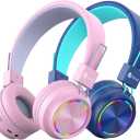 iClever BTH03 Kids Bluetooth Headphones, Colorful LED Lights,35H Playtime, Bluetooth 5.4, Type C Fast Charging, Stereo Sound Mic,On Ear Kids Wireless Headphones for iPad Airplane (Blue&Pink, 2 Pack)