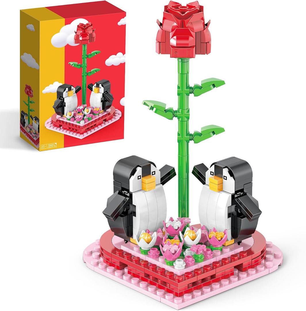 Rose Valentines Flower Building Blocks Set, 281+PCS Red Bouquet Flowers Mini Penguin Blocks Kit Birthday Gifts for Adult Women Teens Indoor Home Office Valentine's Day Decor